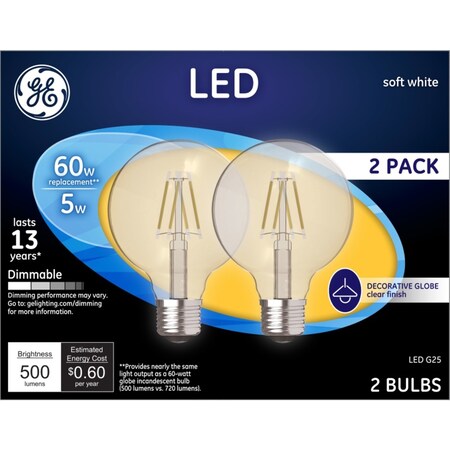 Current GE G25 E26 (Medium) LED Bulb Soft White 60 W , 2PK 23344